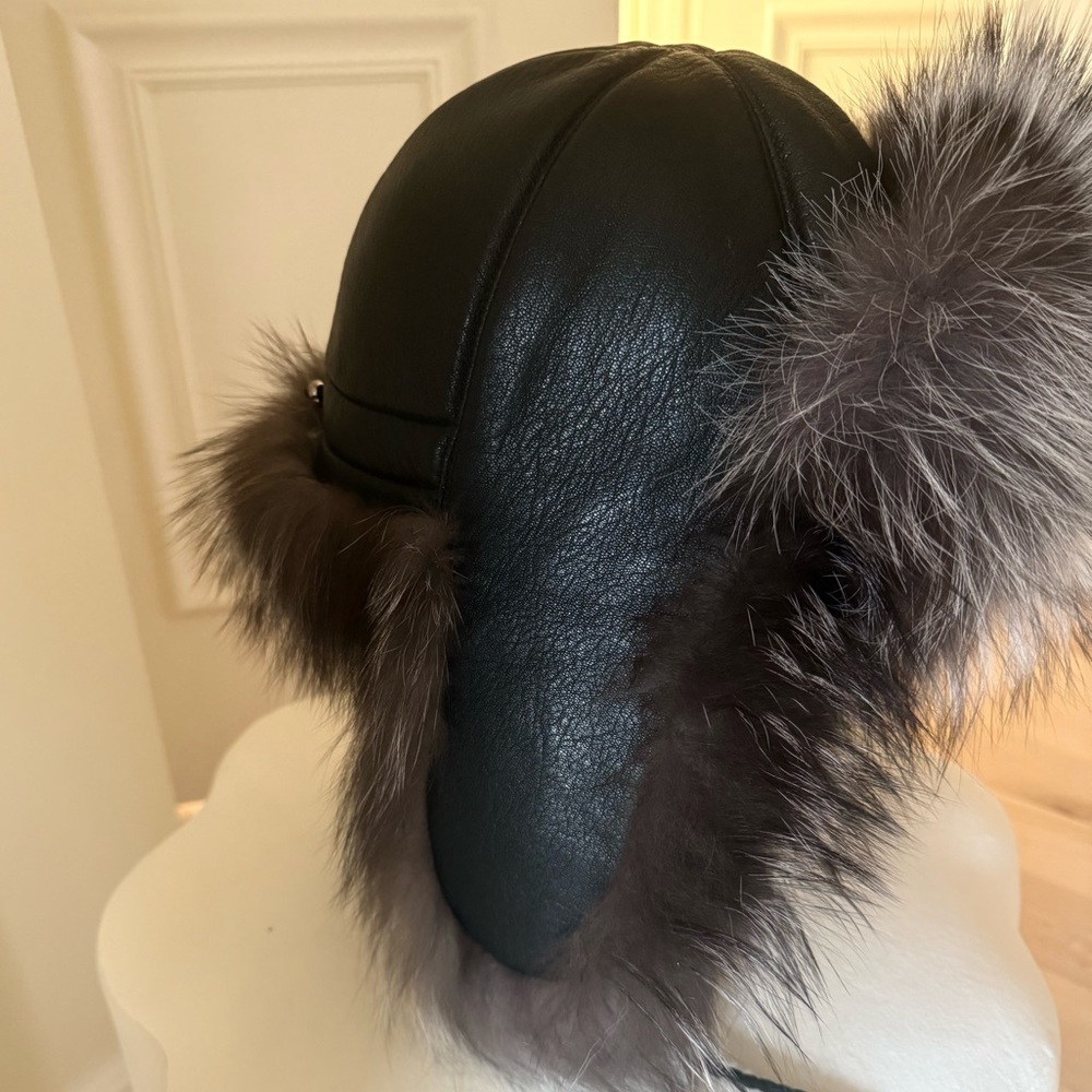 Black Leather - Fur-Trimmed Hat - Aviator, Ushanka, Trapper, Trooper, Aviator